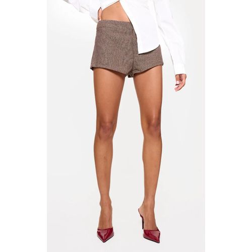 Short De Tailleur Tissé Texturé En Laine Rugueuse Café Au Lait À Taille Haute, Café Au Lait