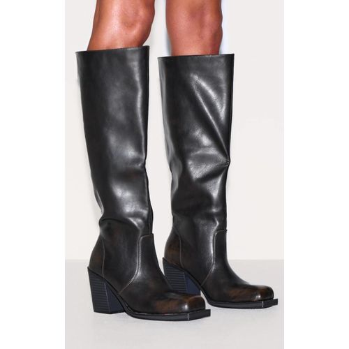 Bottes Hautes Carrées En Pu Marron Effet Brûlé Talon Carré Haut Marron