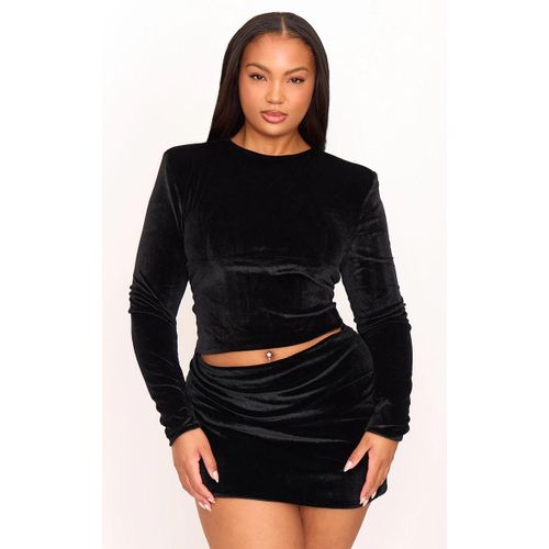Plus Top Long En Velours Noir À Découpe Princesse Et Manches Longues, Noir