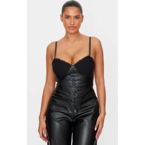 Shape Top Bustier En Pu Noir À Empiècement En Dentelle, Noir