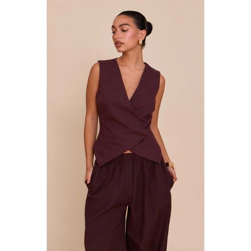 Gilet En Lin Mélangé Deluxe Chocolat À Bouton Asymétrique, Chocolat