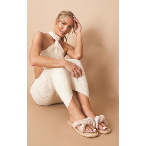 Sandales En Cuir Véritable Beige À Bride Matelassée Contrastée À Perles Et Bout Rond, Beige - 38