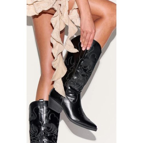 Bottes Western Pointues En Pu Noir À Coutures Contrastantes Et Talon Carré, Noir - 36