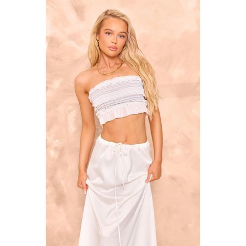 Crop Top Bustier En Mousseline De Soie Froncée Crème À Coutures Contrastantes, Crème