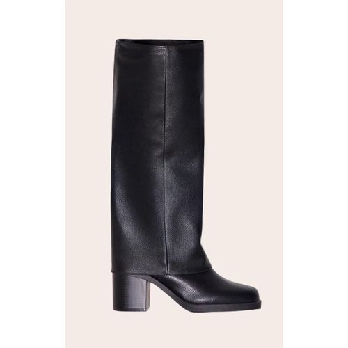 Bottes En Pu Noir Repliées À Petit Talon Carré Et Bout Rond, Noir - 36