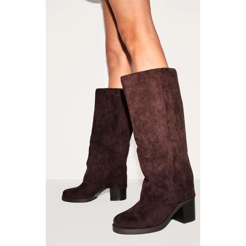 Bottes Rondes En Suédine Chocolat Repliées À Petit Talon Carré, Chocolat - 39
