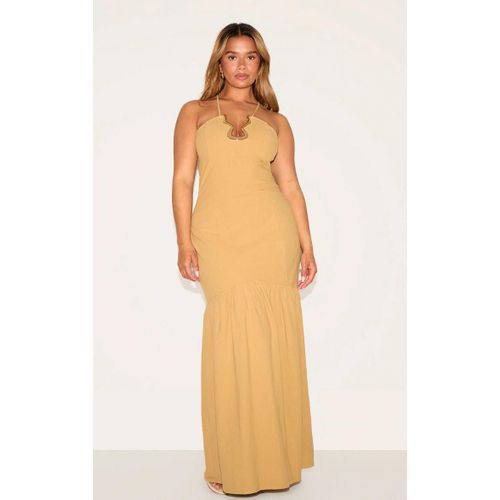 Shape Robe Longue En Effet Lin Kaki À Empiècement Doré En Vagues Et Taille Tombante, Kaki