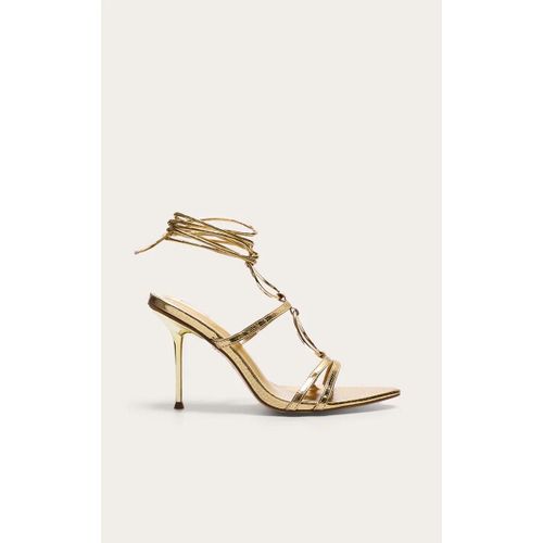 Sandales Pointues À Talon En Pu Doré Effet Croco À Anneaux Et Lacets, Doré - 37