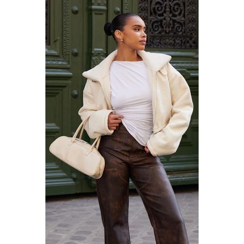 Veste Courte Crème À Épaules Tombantes Et Fausse Fourrure Contrastée, Crème