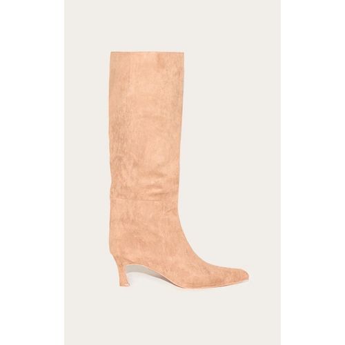 Bottes Hautes En Suédine Marron Clair Talon Moyen Et Bout Pointu Taupe
