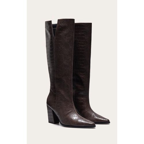 Bottes Hautes Pointues En Pu Chocolat Effet Croco Talon Carré Chocolat