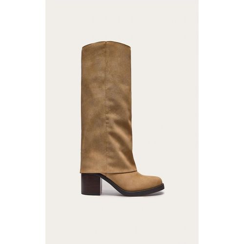 Bottes En Pu Effet Nubuck Camel Repliées À Petit Talon Carré Et Bout Rond, Taupe - 36