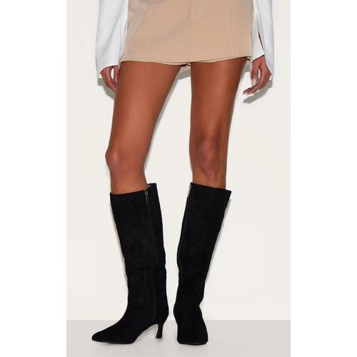Bottes Hautes En Suédine Noire Petit Talon Et Bout Pointu Noir