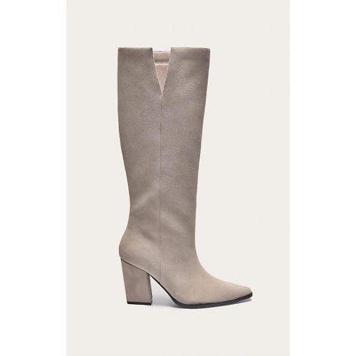 Bottes Hautes Pointues En Suédine Crème Talon Carré Crème
