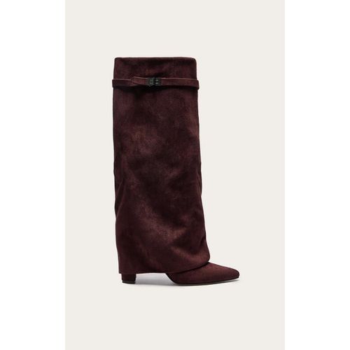 Bottes Hautes En Suédine Chocolat Repliées À Talon Carré Et Bout Pointu, Chocolat - 36