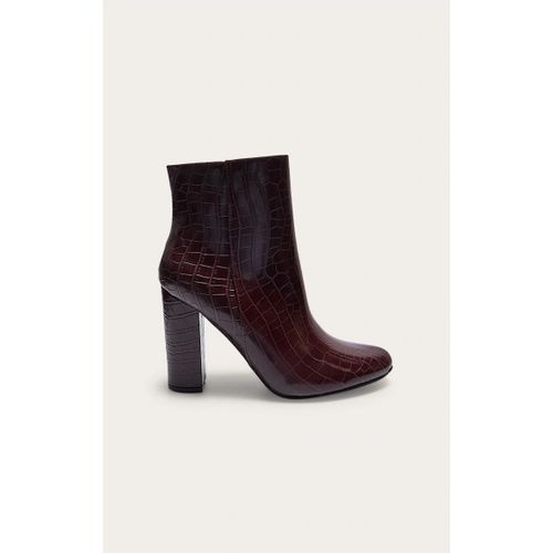 Bottines En Pu Effet Croco Bordeaux À Talon Carré, Bordeaux - 36