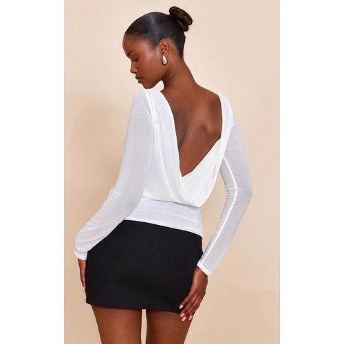 Top En Mousseline De Soie Stretch Crème À Dos Bénitier Et Manches Longues, Crème
