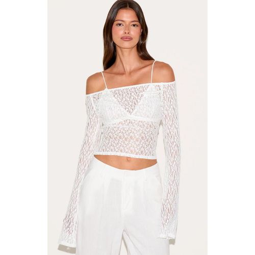 Top Long En Dentelle Texturée Blanche Transparente À Col Bardot Et Manches Évasées, Blanc