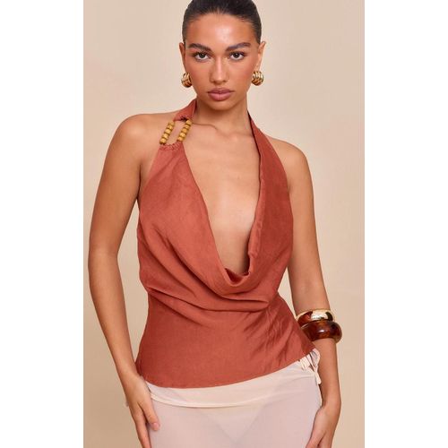 Top En Effet Lin Orange Brûlé À Perles Et Col Bénitier, Orange Brûlé