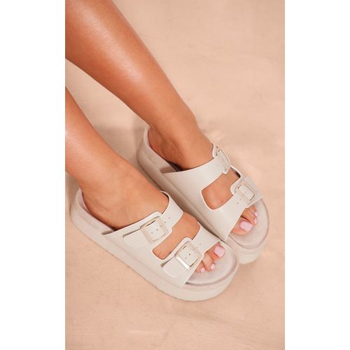 Sandales Plates En Pu Blanc Rondes À Double Boucles Et Plateforme, Blanc - 36