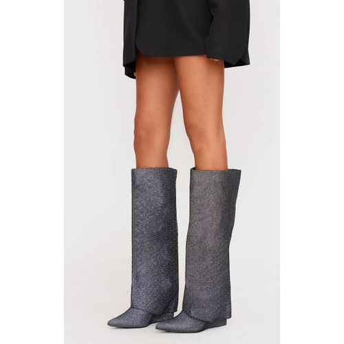 Bottes Montantes Argentées Strassées À Bout Pointu Repliées Aux Genous Et À Semelle Plateforme, Gris Étain - 36