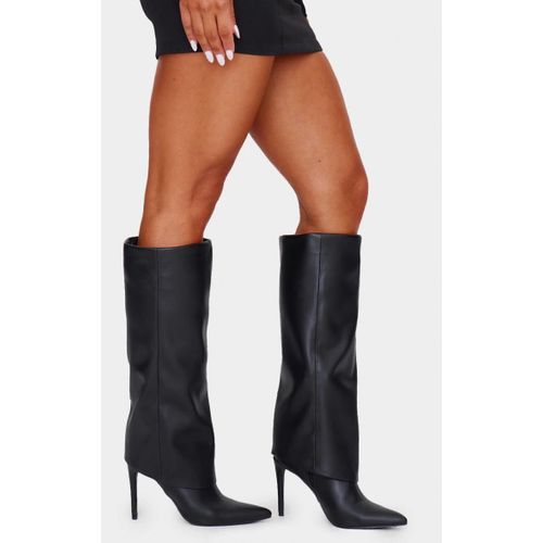 Bottes Hautes En Pu Noir Délavé Replié À Talon Haut Et Bout Pointu, Noir - 41