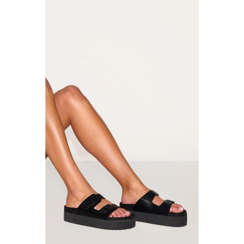Sandales En Pu Noir Rondes À Double Boucles Et Talon Compensé, Noir - 39