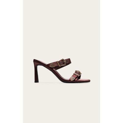 Mules Carrées Pointure Large Satinées Chocolat À Talon Aiguille Haut Et Bride Boucle, Chocolat