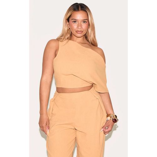 Shape Top Asymétrique En Effet Lin Vert Olive À Épaule Dénudée, Vert Olive