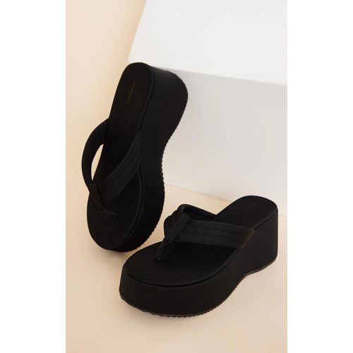 Tongs Noires Chunky Bout Rond À Plateforme Côtelée Et Brides Matelassées, Noir - 37