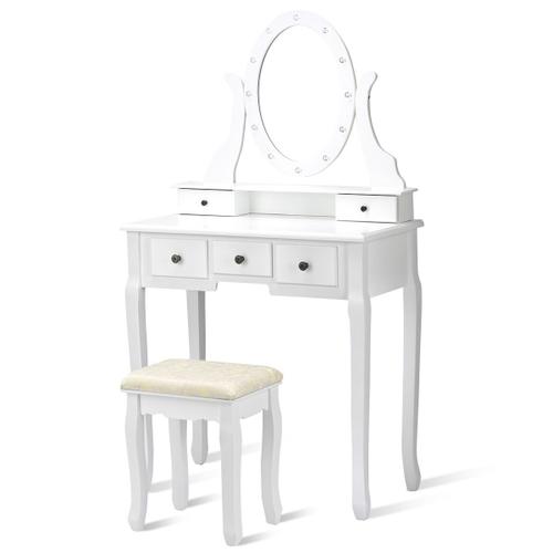 Coiffeuse Table De Maquillage Avec Miroir Ovale Tabouret Confortable 80x40x142cm Mdf Blanc 20_0000484