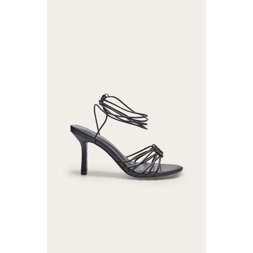 Sandales Rondes À Talon En Pu Noir À Boucle Dorée Et Lacets, Noir - 40