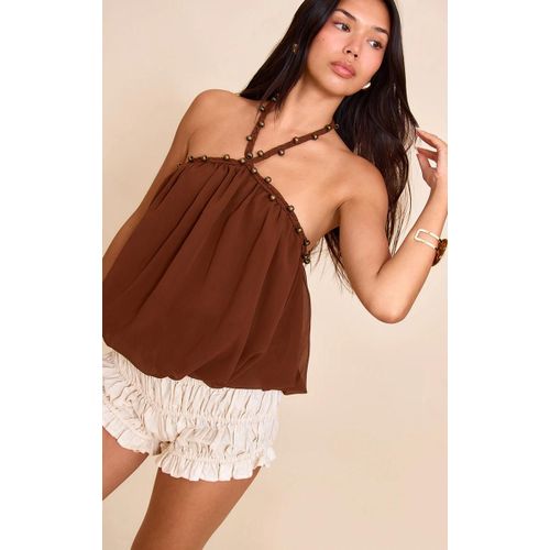Top En Mousseline De Soie Marron À Détails Tressés Et Ourlet Bouffant, Marron