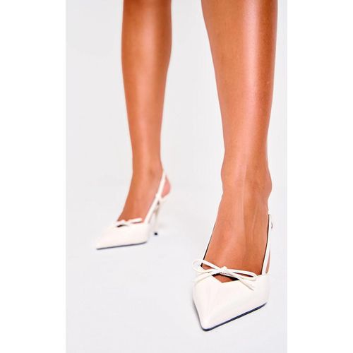 Escarpins Pointus En Pu Verni Crème À Talon Mi-Haut Et Noeud, Crème - 36