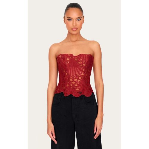 Corset En Dentelle Texturée Orange Brûlé Transparente Fleurie, Orange Brûlé