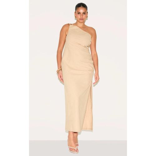 Plus Robe Longue En Effet Lin Gris Pierre À Col Asymétrique, Gris Pierre