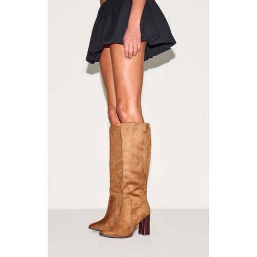 Bottes Rondes En Suédine Marron Clair Talon Carré Haut Marron Clair