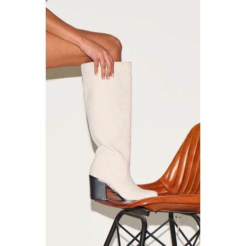 Bottes Hautes Carrées En Suédine Crème Talon Carré Haut Crème