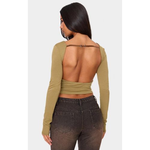 Top Dos Nu Manches Longues En Jersey Vert Olive À Contours Et Détail Ceinture, Vert Olive