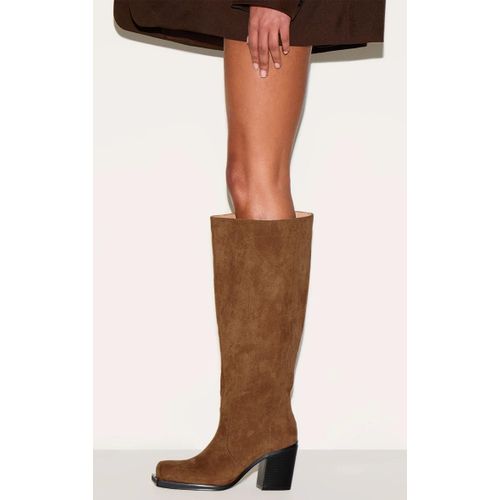 Bottes Hautes Carrées En Suédine Marron Clair Talon Carré Haut Marron Clair