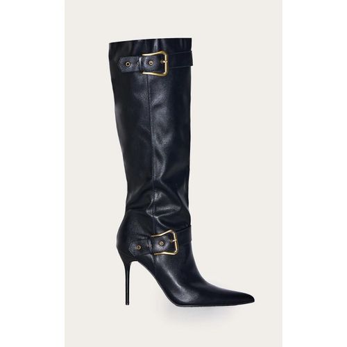 Bottes Hautes Pointues En Pu Noir Talon Aiguille Haut Et Boucles Noir
