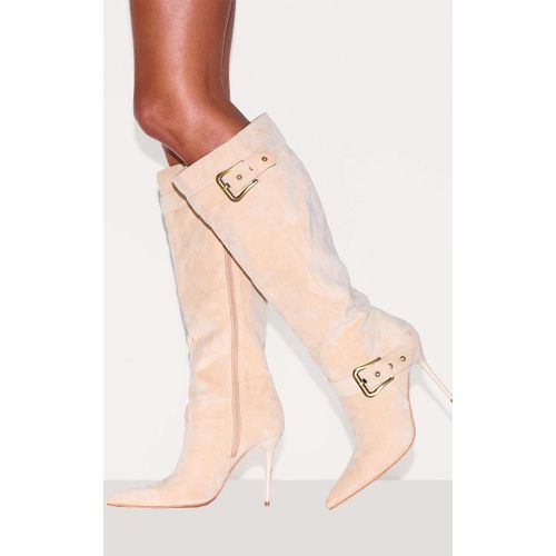 Bottes Hautes Pointues En Suédine Gris Pierre Talon Aiguille Haut Et Boucles Gris Pierre