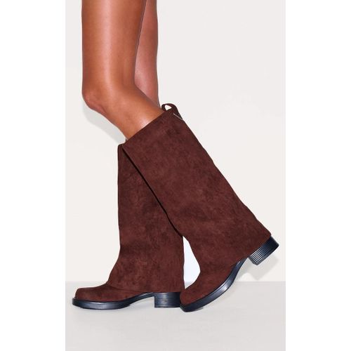 Bottes Hautes Repliées En Suédine Chocolat Talon Carré Chocolat