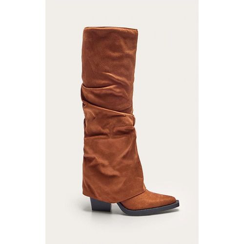 Bottes Hautes Pointues En Suédine Marron Clair Repliées Talon Carré Marron Clair