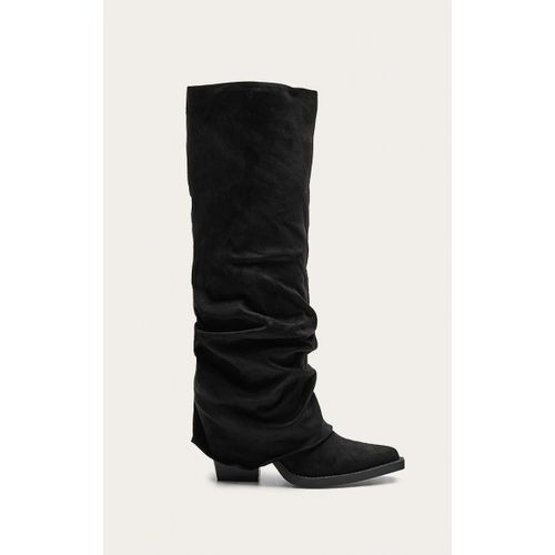 Bottes Hautes Pointues En Suédine Noire Repliées Talon Carré Noir