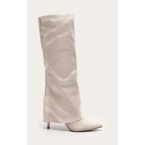 Bottes Hautes Pointues En Suédine Gris Pierre Repliées Talon Aiguille Haut Gris Pierre