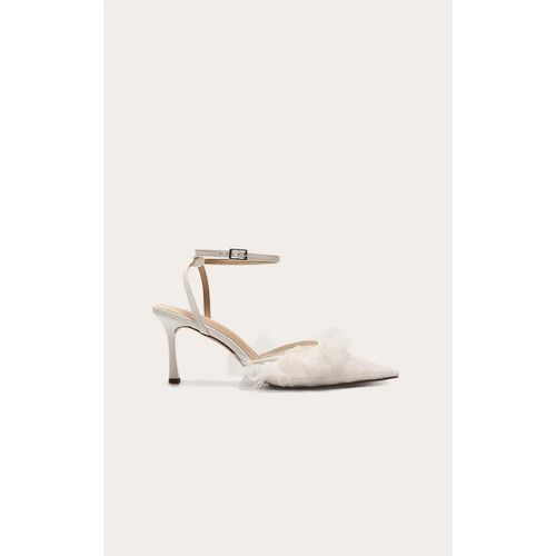 Escarpins Pointus Blanc À Talon Moyen Et Bout En Mesh Volanté, Blanc - 36