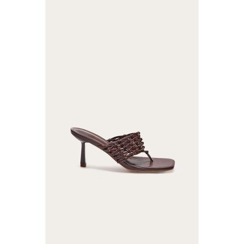 Mules Style Tongs Carrées En Pu Chocolat À Talon Moyen Et Bride Tissée, Chocolat - 41