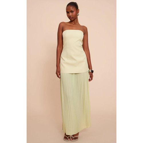 Robe Bustier Longue Vert Sauge À Partie En Mousseline De Soie Plissée, Vert Sauge