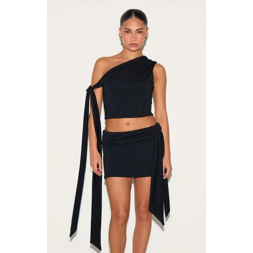 Petite Crop Top En Jersey Noir À Détail Noué Et Contours, Noir